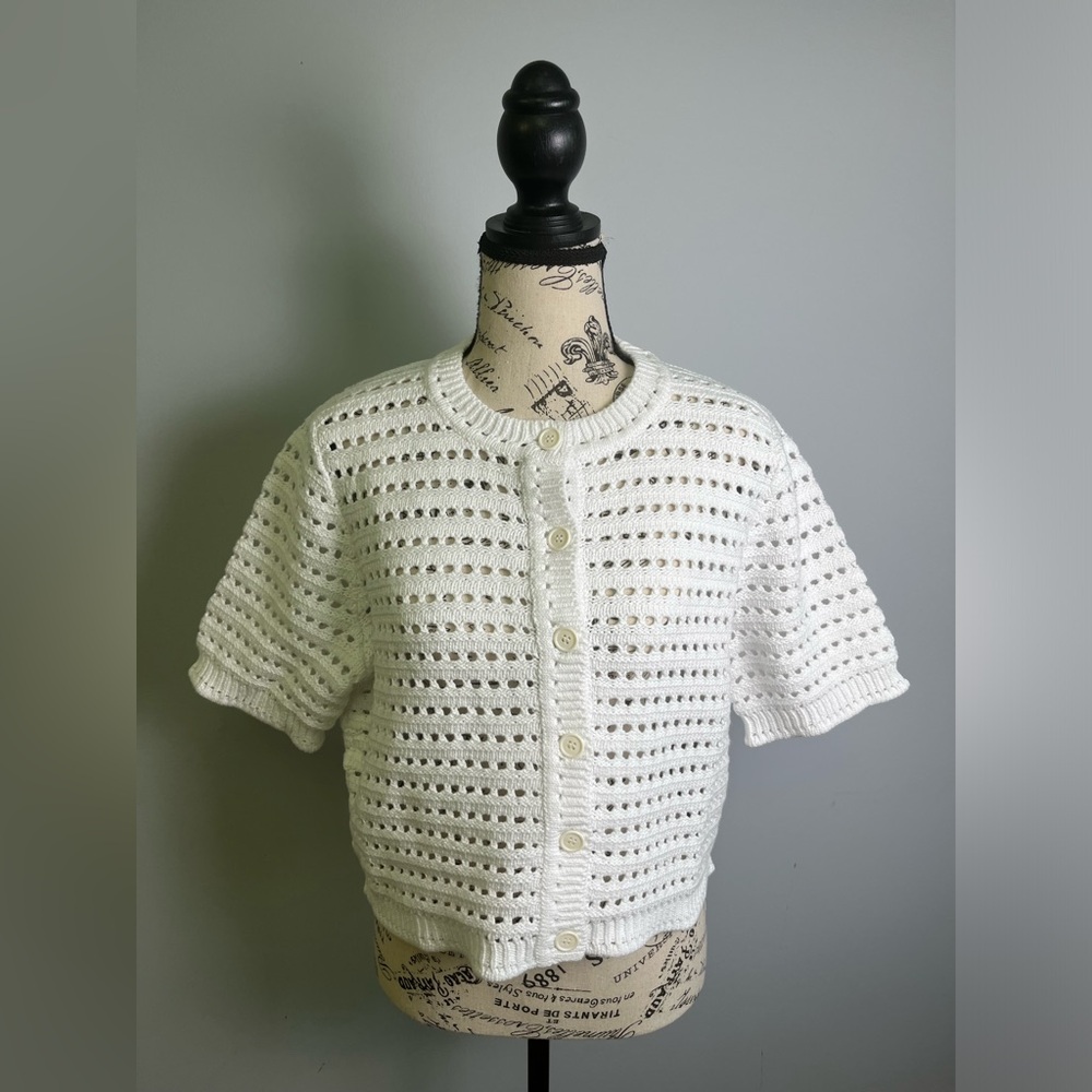 J.Crew Short-sleeve pointelle cardigan sweater Size L White